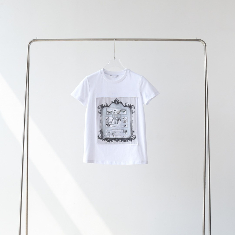 26 Spring/Summer Max Same Style White Printed Design Loose-Fitting Women's Cotton Round-Neck Straight Short-Sleeve T-Shirt