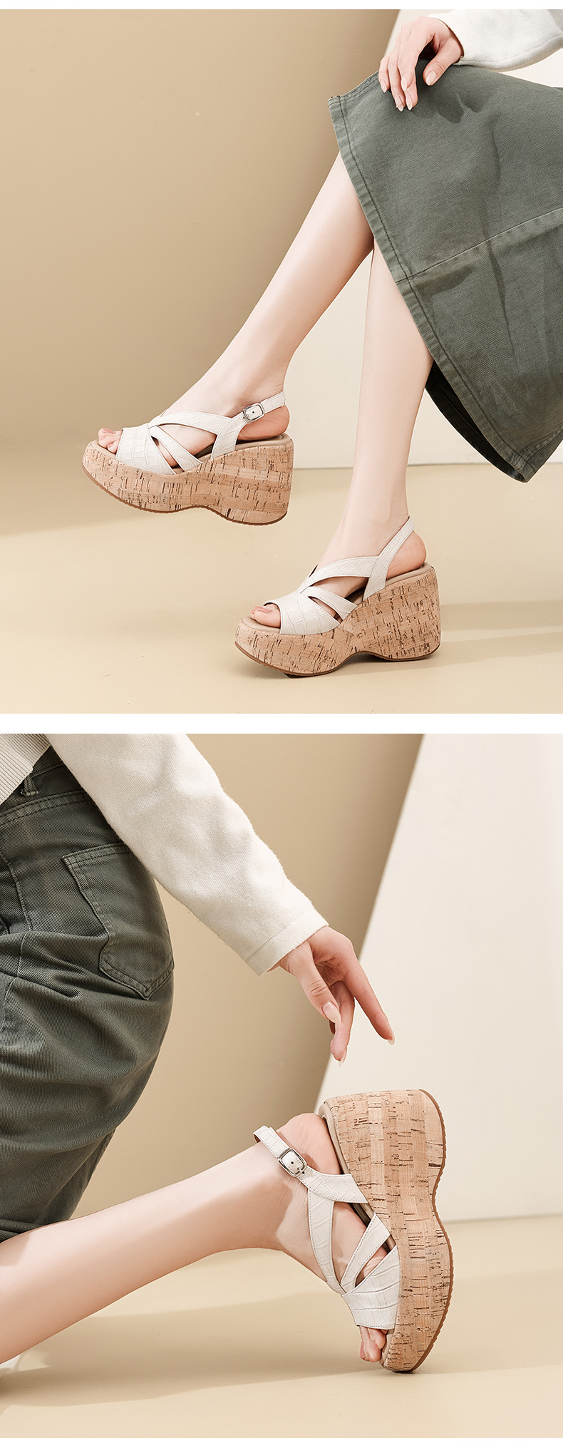 Sandal cao gót nữ hở mũi đế xuồng platform 10cm phong cách La Mã — màu đen, màu trắng ngà chi tiết 8