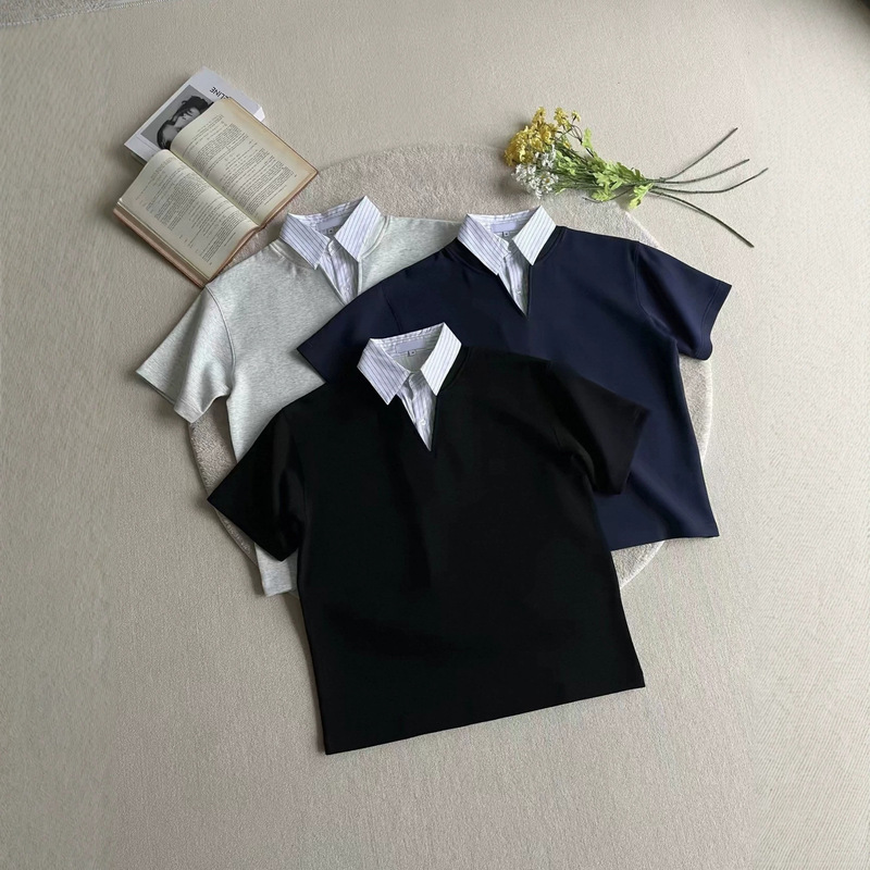 High-Quality Intellectual Style Faux Two-Piece Polo Shirt, Loka Air Layer Striped V-Neck Versatile Old Money Style Short-Sleeve T-Shirt