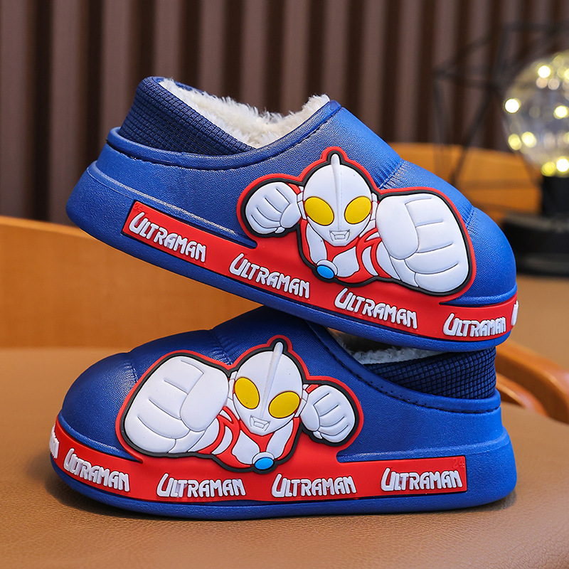 Ultraman Winter Zapatillas de algodón para niños antideslizantes impermeables con forro polar cálido para niños en casa