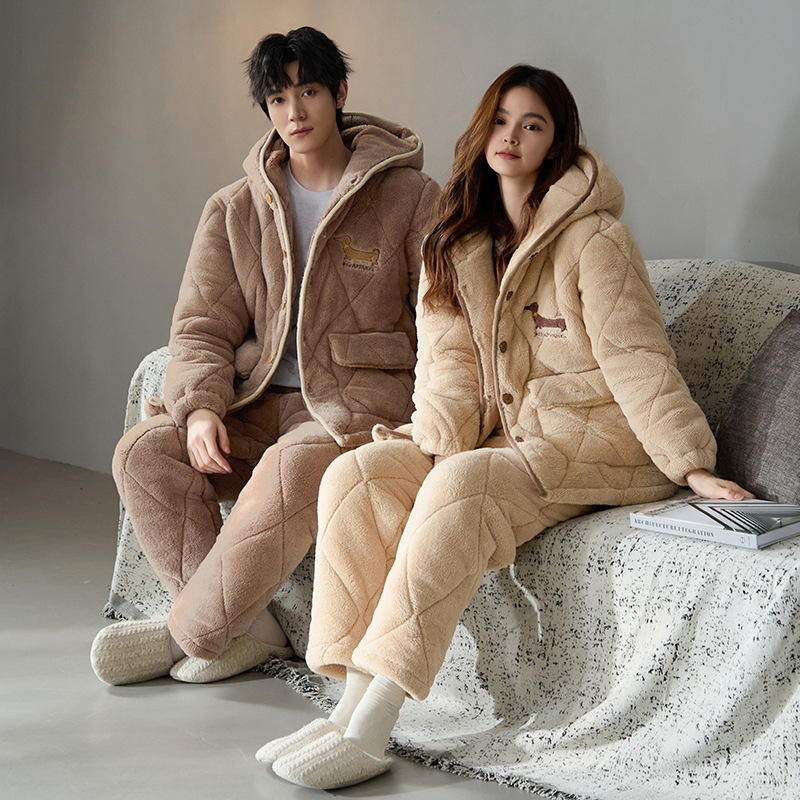 Pajamas de pareja de algodón para hombres y mujeres 2024 invierno más veludo engrosado cardigan con capuz de manga larga ropa de hogar conjunto de calor