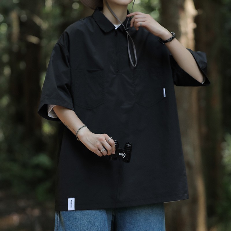 boy Japanese Style Half-Zip Polo Short Men's Summer Heavyweight Workwear Shirt T-Shirt Trendy Brand Retro Half Sleeve Top_voghion.com