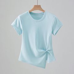 法式减龄圆领正肩短袖T恤女夏季修身显瘦设计感褶皱百搭气质上衣