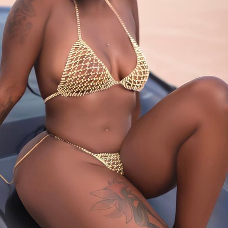 Cross-Border Hot-Selling Mesh Geometric Rhinestone Bra Thong Set Nightclub Sexy European and American Body Chain Ladies/82