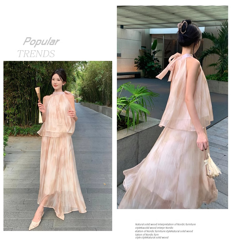 【中國直郵】 奢笛熊 新中式國風復古紮染油畫掛脖上衣 夏季高腰寬鬆半身裙 兩件套裝 M碼