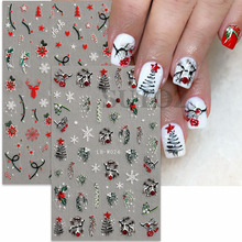 2023跨境新款圣诞美甲贴纸    冬日圣诞树麋鹿绿叶微雕指甲背胶贴