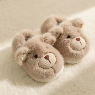 Children's Winter Plush Slippers, Home Cotton Slippers with Heel, Cute Bear Furry Shoes, Boys and Girls Warm Shoes
