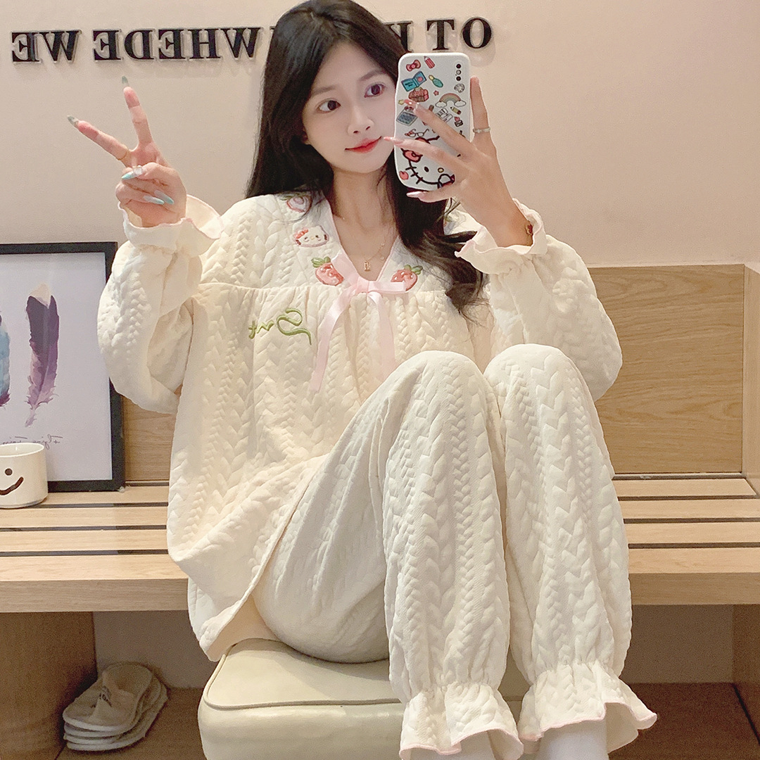 가을과 겨울 새로운 여성의 집 옷 캐주얼 편안한 부드러운 잠옷 두꺼운 따뜻한 샌드위치 잠옷 세트