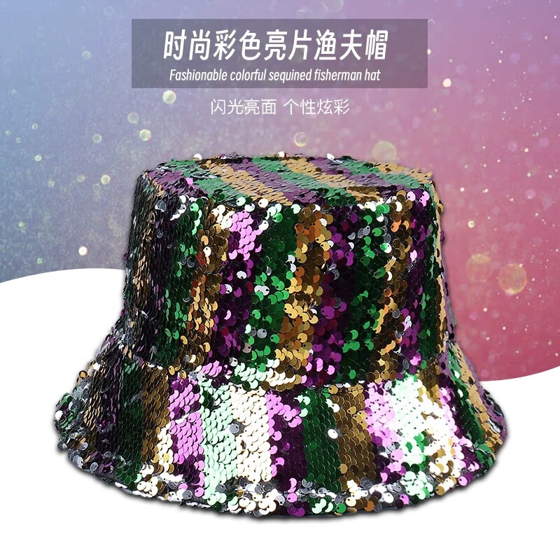 European and American cross-border, dazzling disco-style, multi-colored sequin fisherman's hat, versatile and fashionable denim bucket hat for parties European and American cross-border, dazzling disco-style, multi-colored sequin fisherman's hat, versatile and fashionable denim bucket hat for parties