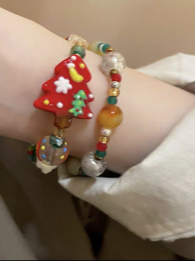 Glass Material Cute Classic Style Christmas Tree Gingerbread Glass Beaded Chain Beaded Bracelets Christmas Wholesale