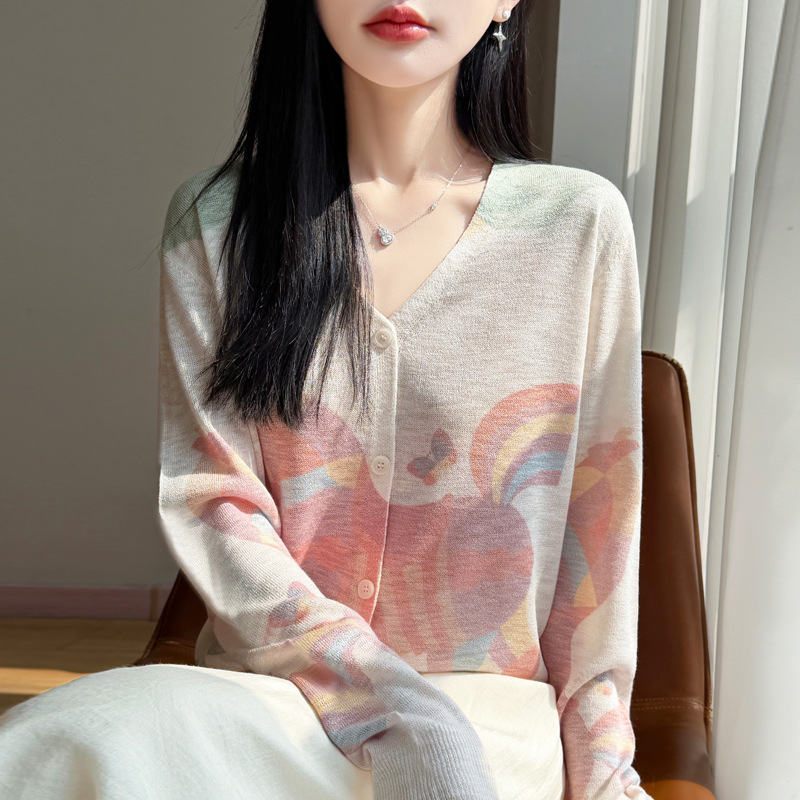 2026 Spring and Summer New Style Cool Bamboo Linen Knitted Cardigan for Women V-Neck Printed Long-Sleeved Sun Protection Thin Jacket 2026 Spring and Summer New Style Cool Bamboo Linen Knitted Cardigan for Women V-Neck Printed Long-Sleeved Sun Protection Thin Jacket