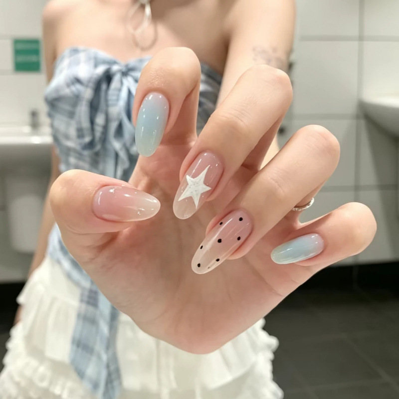 【Shallow Sea Stars】Summer Blue Star Polka Dot Handmade Nail Art Summer Style Recommendations 2026 Hot Trend