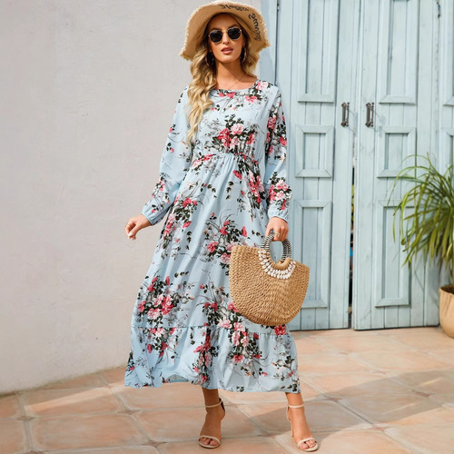 Spring and Autumn Embroidered Chiffon Dress with Waist Cinching, Slimming Long Sleeve Round Neck, Long Print Dress for Girls