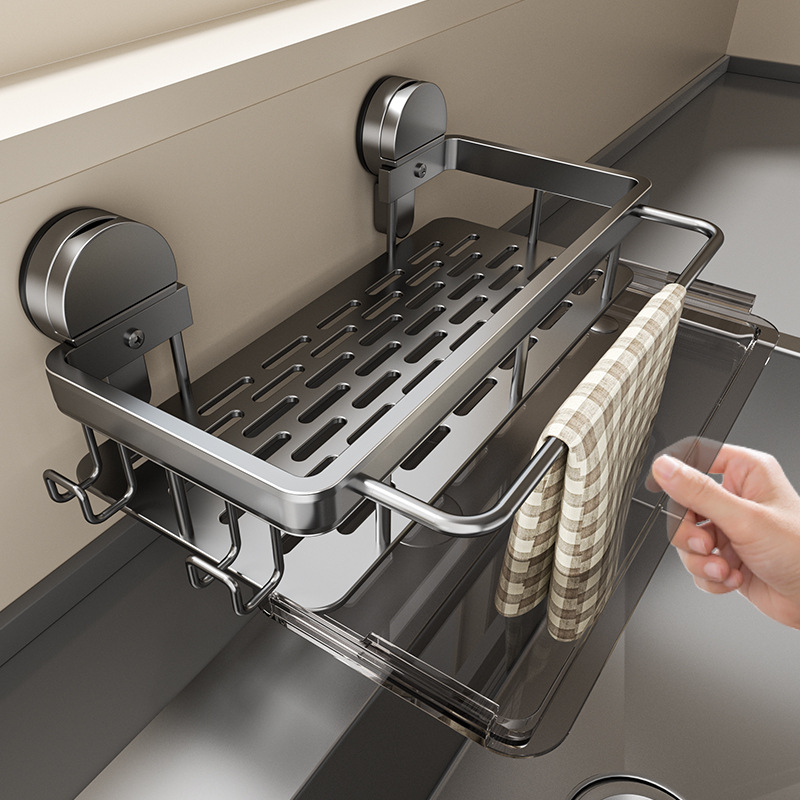 Suction cup cloth rack wall hanging non-perforated kitchen sink draining rack sponge steel ball dishwashing cloth storage rack