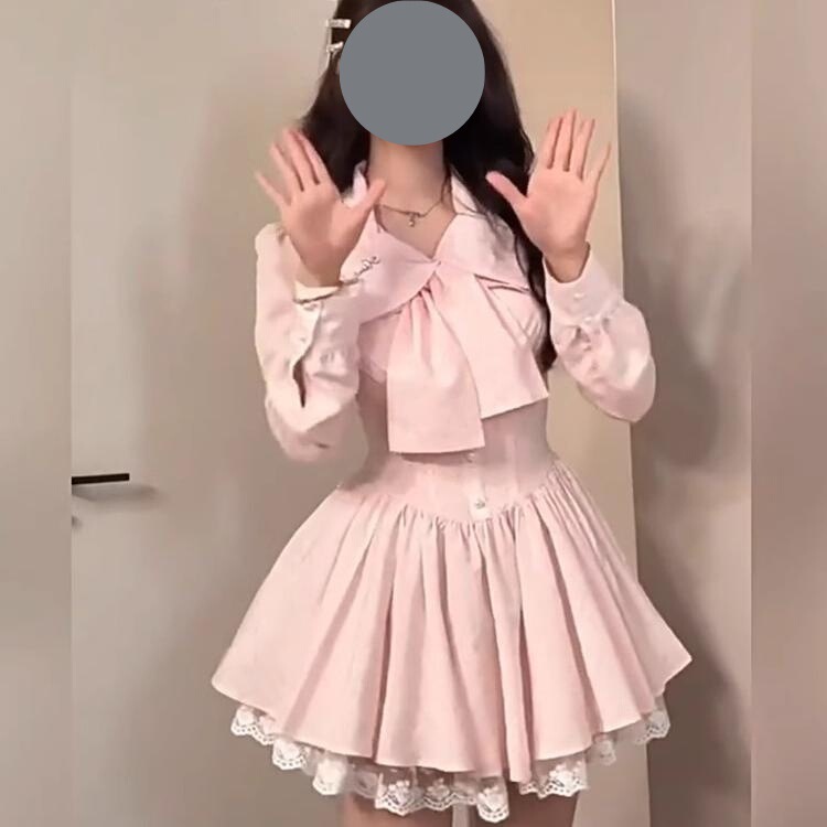 甜美纯欲秋季蕾丝花边蝴蝶结高级感长袖蓝色收腰显瘦蓬蓬连衣裙女|undefined