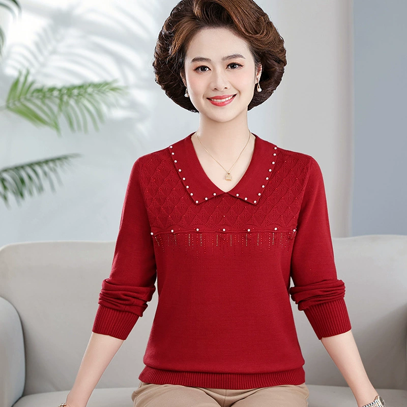 Новая весенняя одежда для мам, Модная вязаная маленькая рубашка с благородным отворотом для женщин среднего и пожилого возраста, весенне-осенняя модная нижняя рубашка, свитер
