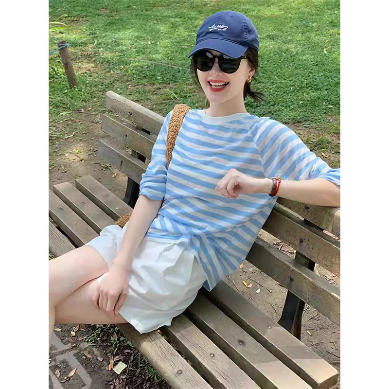 Blue Striped Long Sleeve Mask T-Shirt Sunscreen Air-conditioning Shirt Women's Summer Relaxation Wear Loose Top Blouse Thin