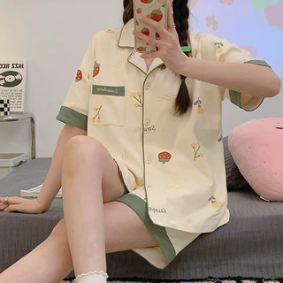 高档棉质睡衣女夏季短袖短裤开衫宽松简约薄款女款套装外穿家居服