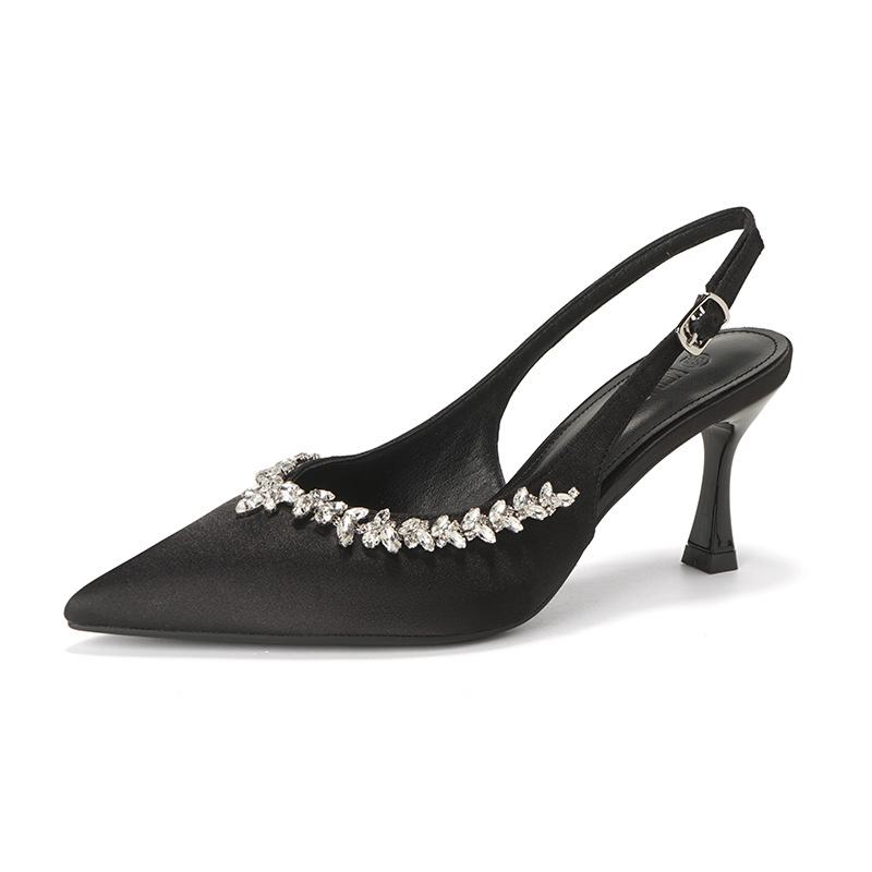Alta calidad satén puntiagudo puntiagudo puntiagudo tacón de aguja para mujer temperamento francés sandalias de hadas de diamantes de imitación zapatos vacíos para mujer