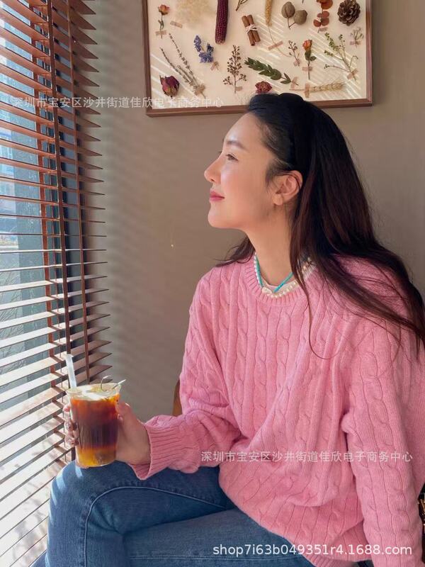 2025秋冬新款小马刺绣圆领宽松麻花针织毛衣女慵懒风休闲百搭上衣|undefined