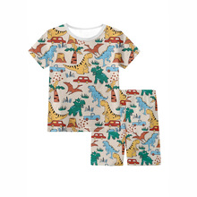 儿童夏季套装小中大童圆领短袖短裤家居睡衣恐龙汽车印满花空调服