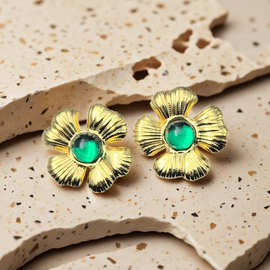 欧美跨境专供女款钛钢花朵粘绿松石耳环炉内真金时尚耳饰饰品批发