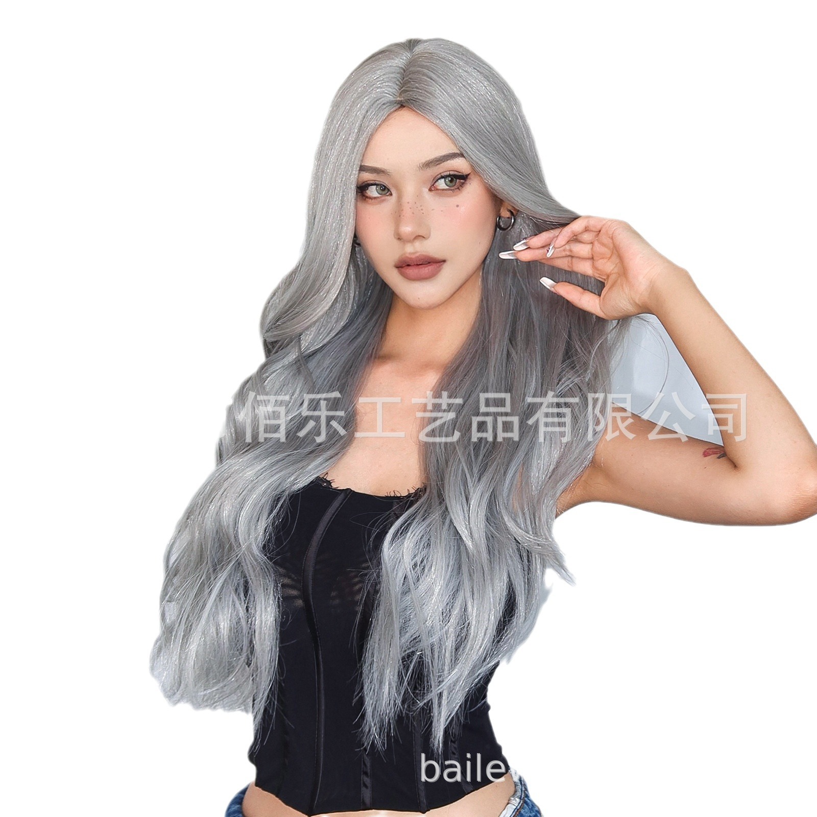 Europa y los Estados Unidos pelucas transfronterizas gris plateado ondulado largo rizado cabello completo fábrica de cabello en stock image 6