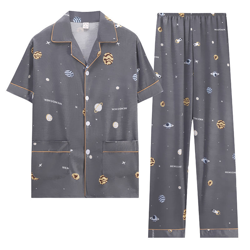 Pijamas de hombre de manga corta de verano de algodón puro ropa de hogar primavera y otoño Cardigan Pijamas de estilo Chanel DE ALTO aspecto