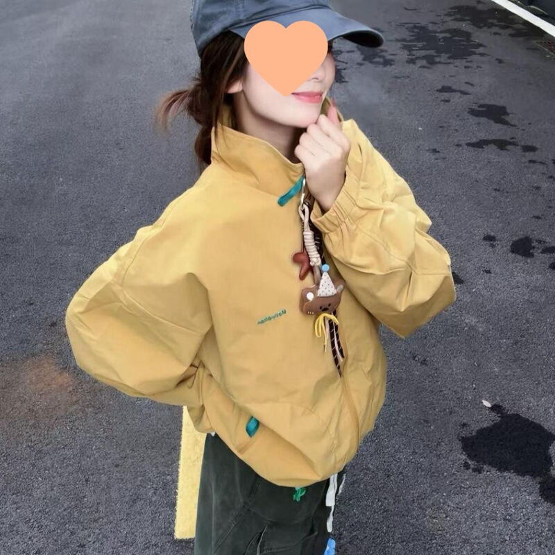 春秋2025穿搭美式复古黄色立领冲锋衣外套女韩版宽松学生百搭夹克|undefined