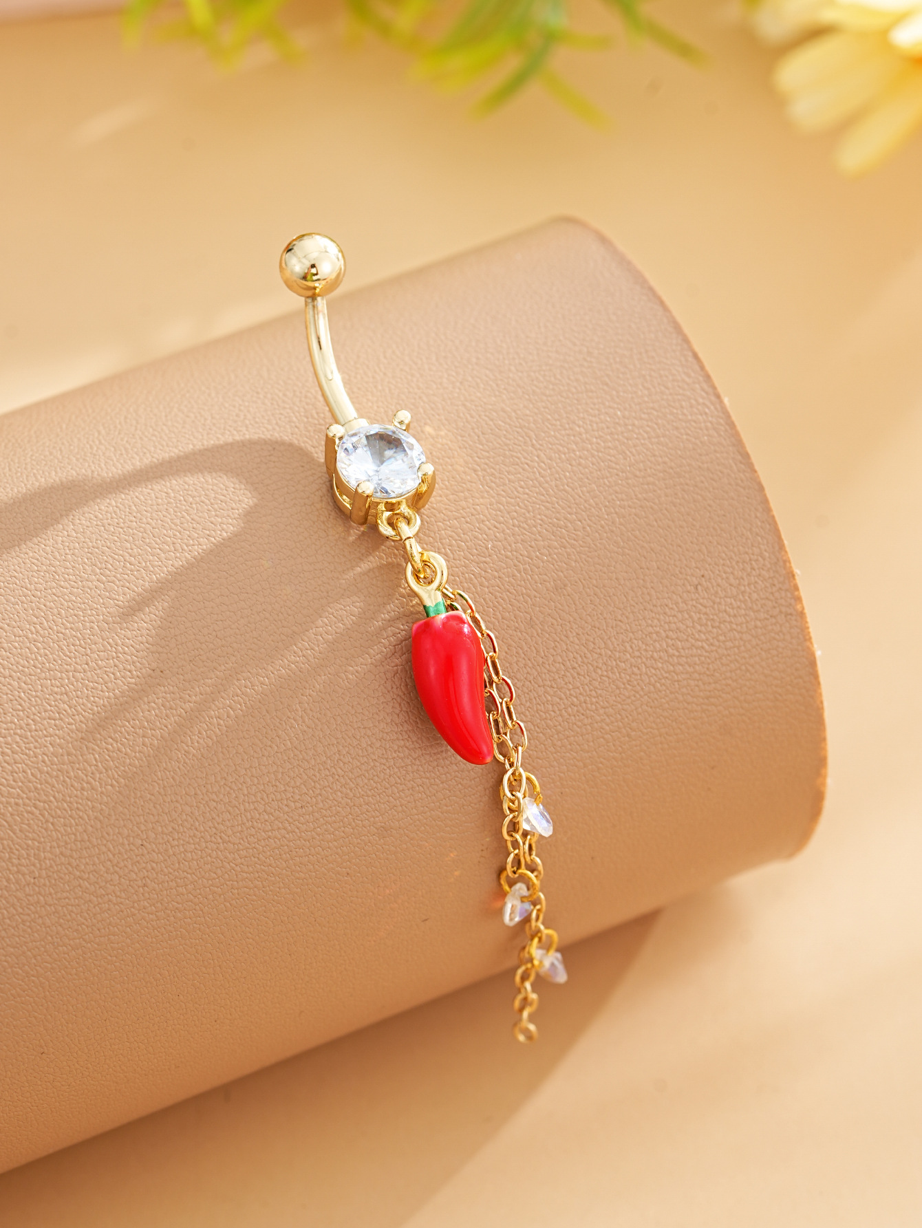 Heart-shaped Zirconia Belly Button Ring With Stainless Steel Chain_voghion.com