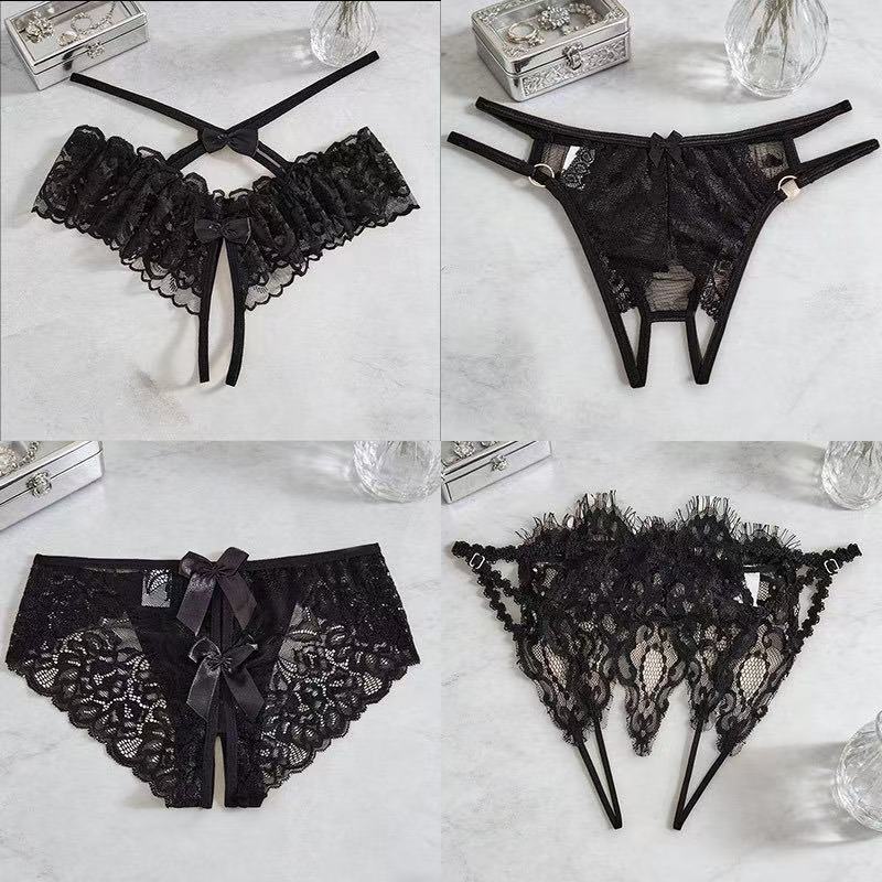 Cross-Border Plus-Size Sexy Lace Low-Waist Crotchless Panties, See-Through No-Take-Off Black European and American Style T-Pants