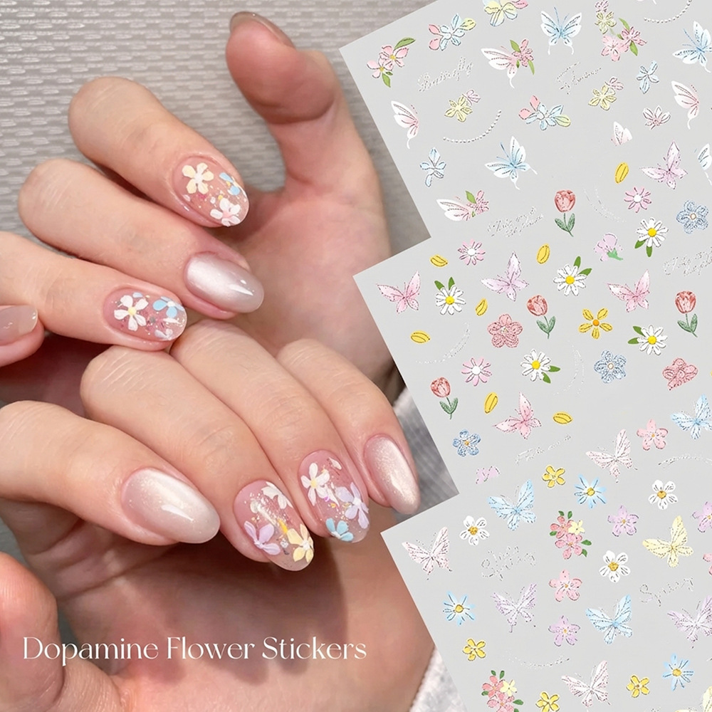 Dopamine Butterfly Flower 3D Nail Art Stickers Spring Fresh Floral Super Popular Embossed Daisy Nail Art Stickers