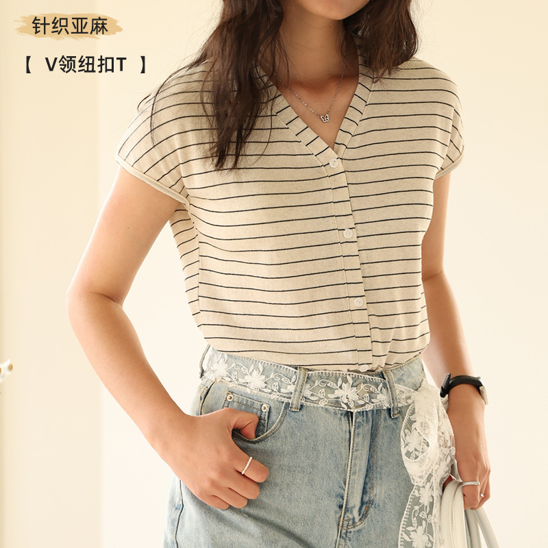 Spring and Summer Tencel Lyocell Bottoming Shirt for Women 2025 New V Neck Linen T-Shirt Skin-Fribottomly Button Cardigan Short-Sleeved Top