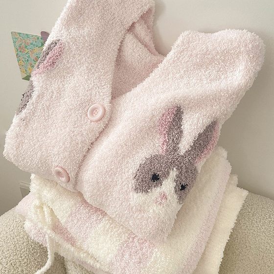 Season Half New Style Plush Thickened Pajamas Women's Winter Velvet Outwear 2024 Cartoon Rabbit Warm Home Clothes Pink