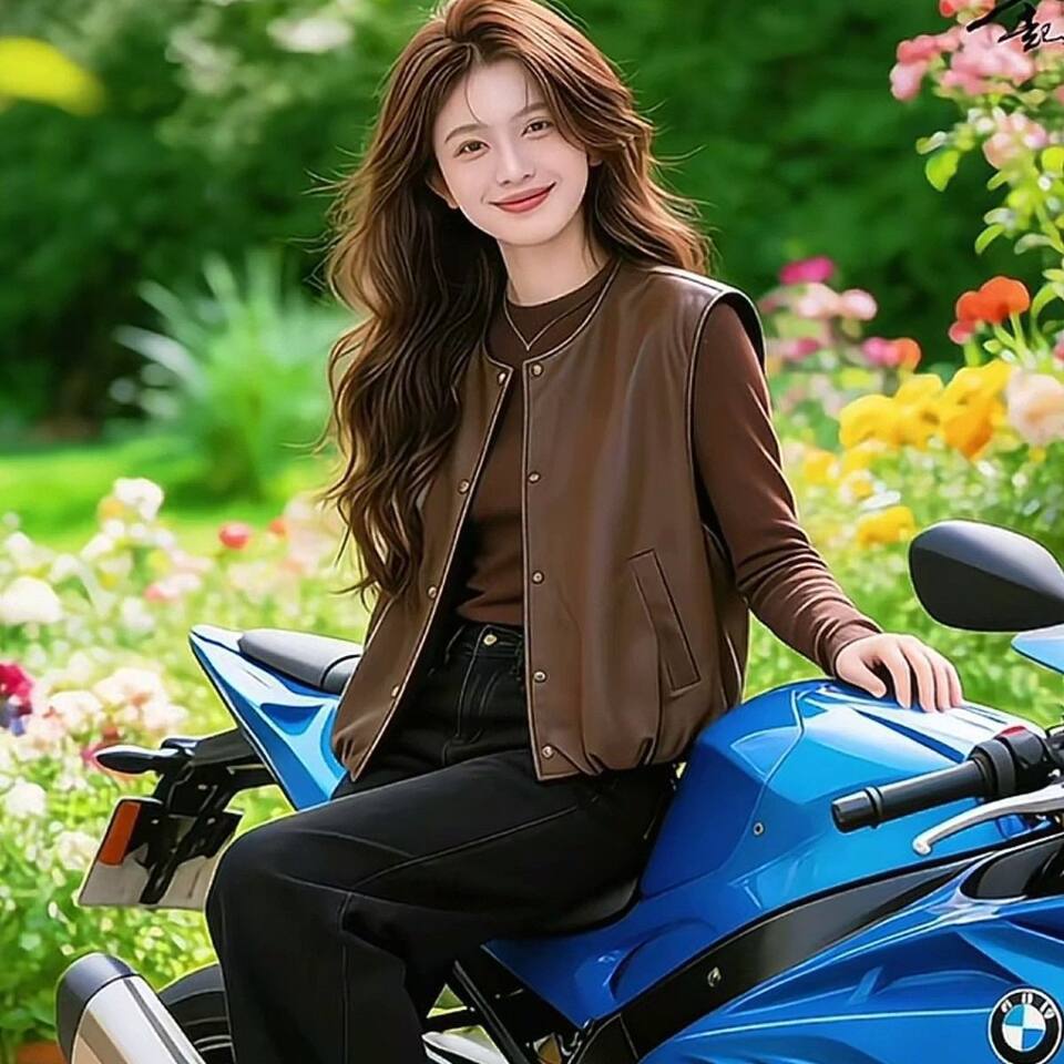 Áo gile da PU nữ dáng ngắn không tay cổ tròn phối layer form rộng — Màu nâu cà phê, màu đen chi tiết 9