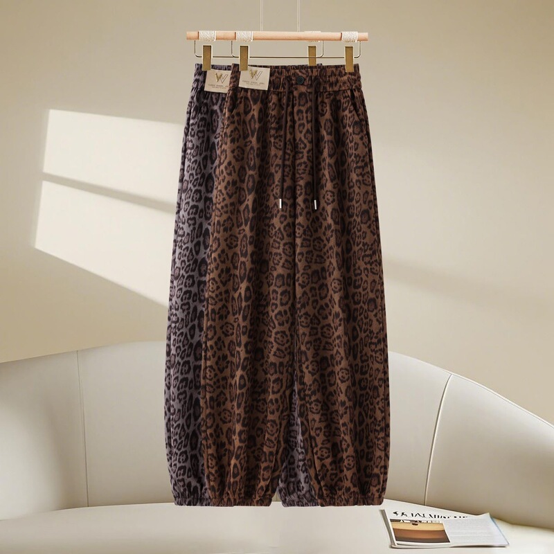 Leopard Print Casual Harem Pants for Women 2026 Fall/Winter New Elastic Waist Sports Christmas Petite Dad Pants