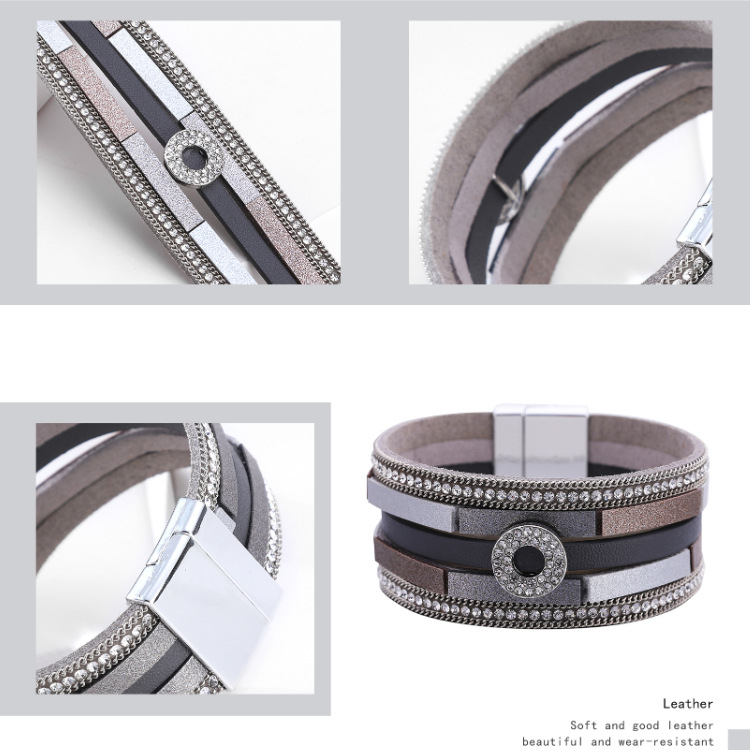 Fashion Diamond Magnetic Buckle Leather Bracelet display picture 14