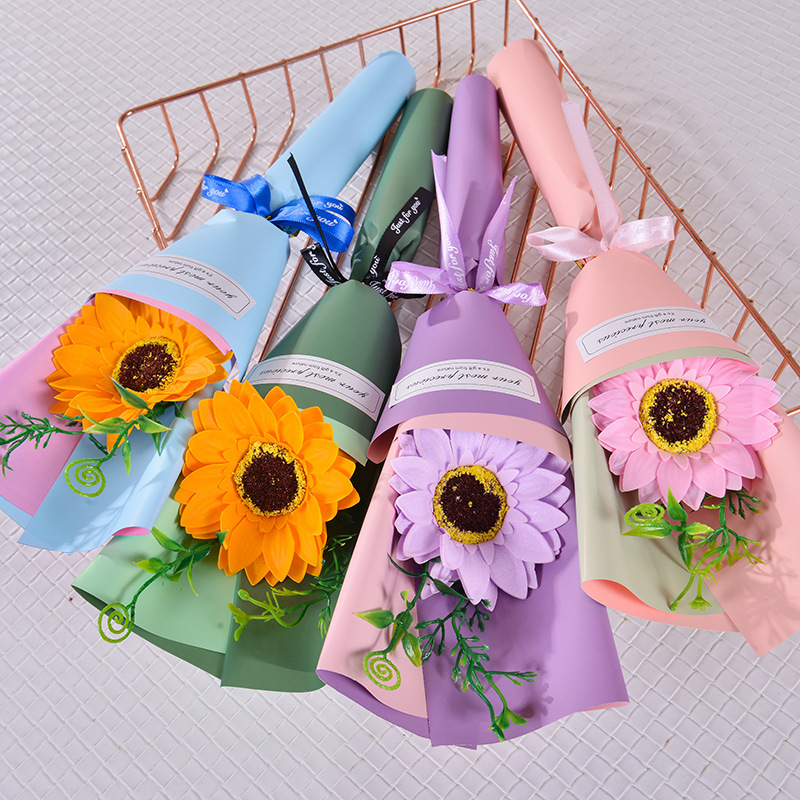 七夕の贈り物の卒業のヒマワリの小さい花束は石鹸の花の単一のバラの花のバレンタインデーの贈り物の教師の日をシミュレーションします。|undefined