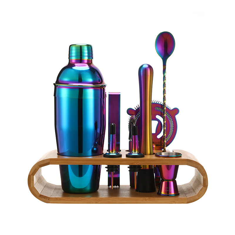 Cóctel de acero inoxidable transfronterizo herramienta de barra de 10 piezas base de marco de madera ovalada 750ML traje Shaker