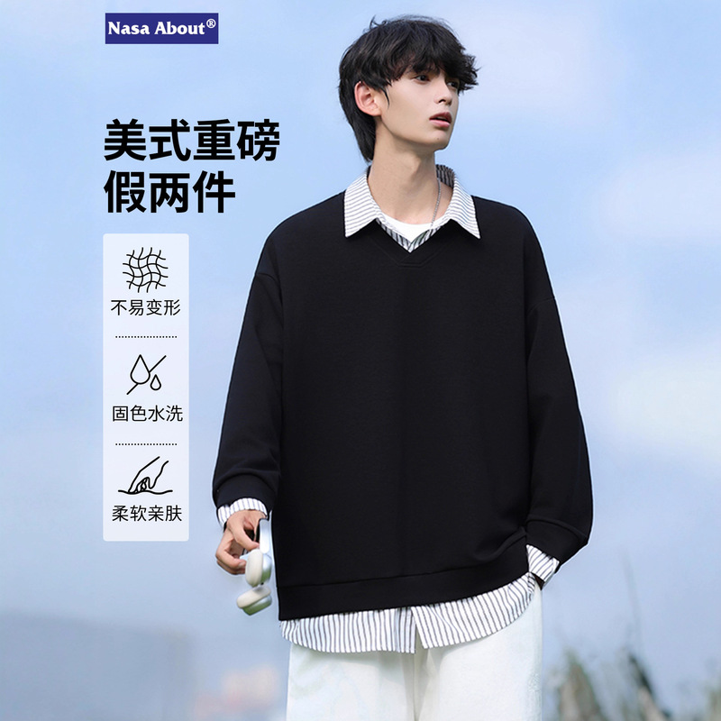 Nasa American Heavyweight Fake Two-Piece Polo Shirt Sweatshirt Men's Spring and Autum 2025 New Loose Casual Boys' Tops