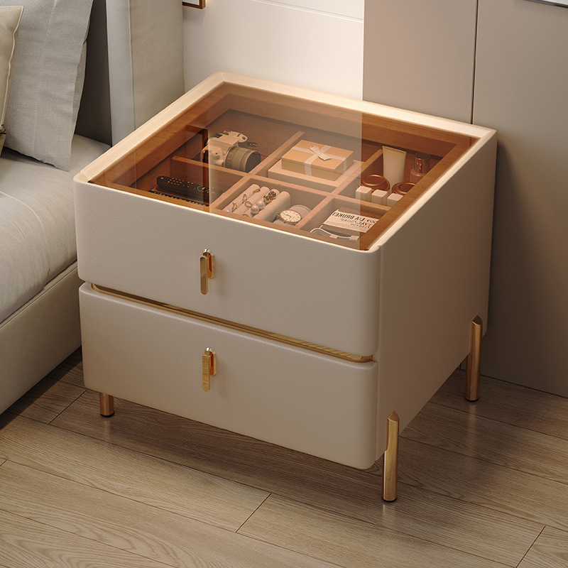 Mesita de noche minimalista moderna 2024 nuevo estilo lujo ligero sensación de alta gama dormitorio madera maciza pequeño gabinete de almacenamiento de cabecera inteligente