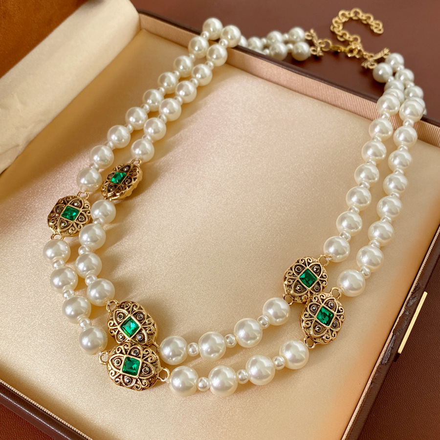 Medieval vintage elíptico con diamantes de doble capa collar de perlas cadena de suéter retro lujo ligero conjunto de joyas de alta calidad