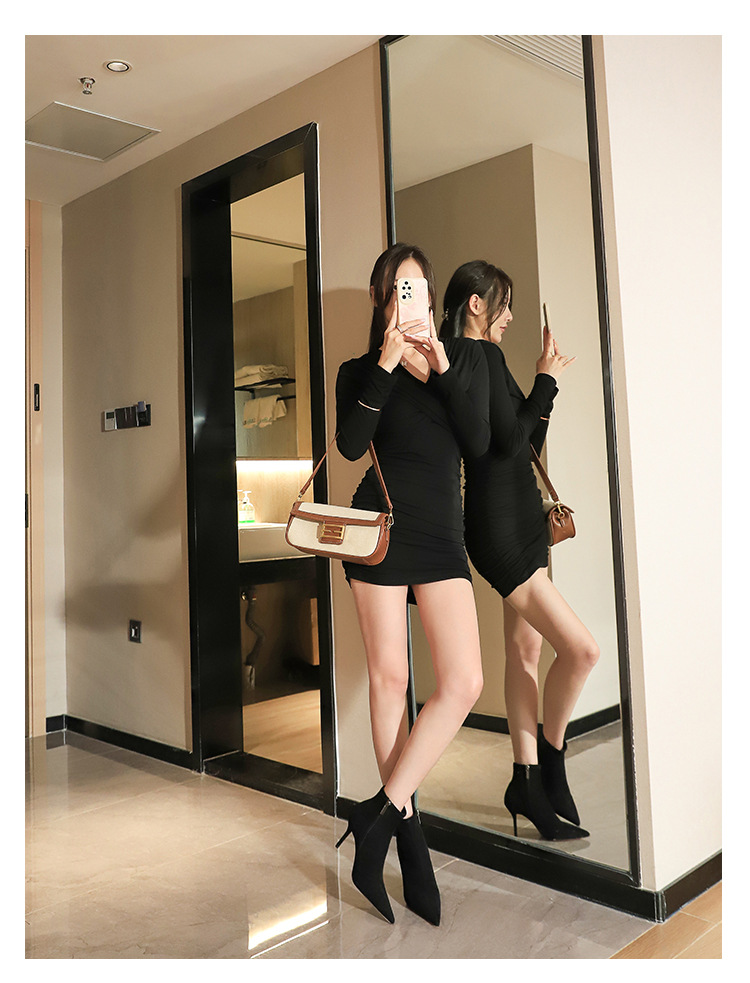 ShoeVault 8788-7 European And American Style Simple Thin Suede Pointed Toe Sexy Nightclub Slimming High Heel Short Tube Women's_vogvips.com