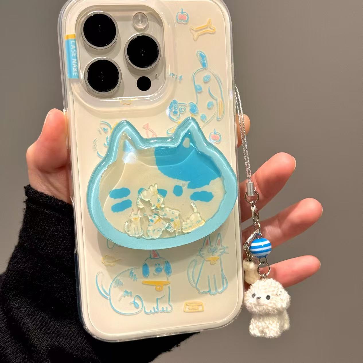 Divertido gato de línea de dibujos animados para iPhone16ProMax Soporte de música mecedora 14 Estuche para teléfono móvil Apple 15 13