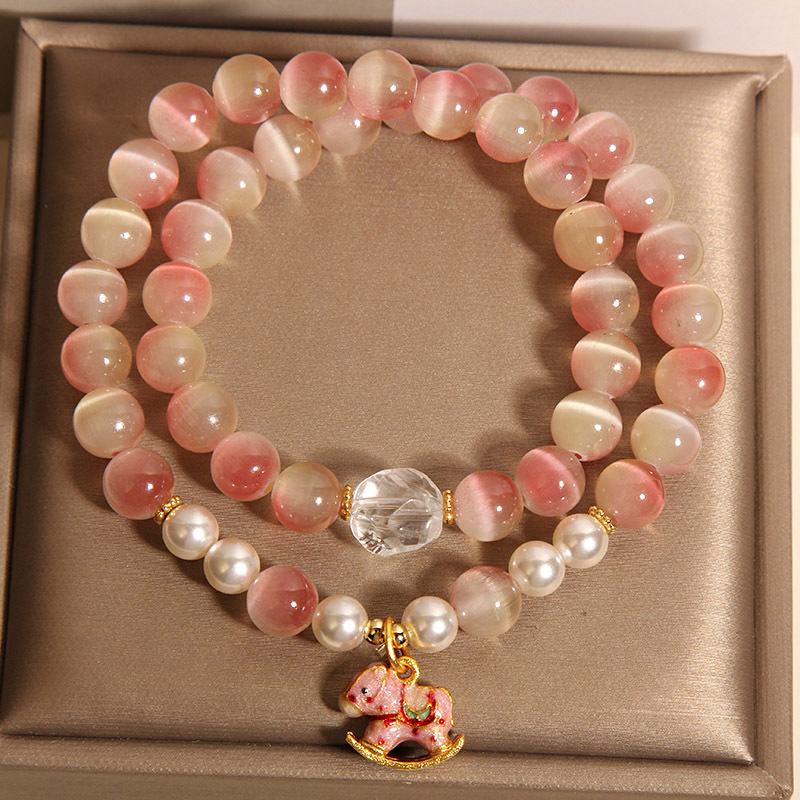 Nueva pulsera de doble círculo de ópalo rosa degradado chino para mujer, lujo ligero, nicho de alto nivel, lindo troyano, pulseras apiladas