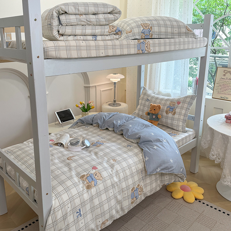 Juego de cama de dormitorio de estudiantes universitarios de tres piezas de algodón puro algodón lavado de algodón sábana individual funda de edredón juego de cama de cuatro piezas