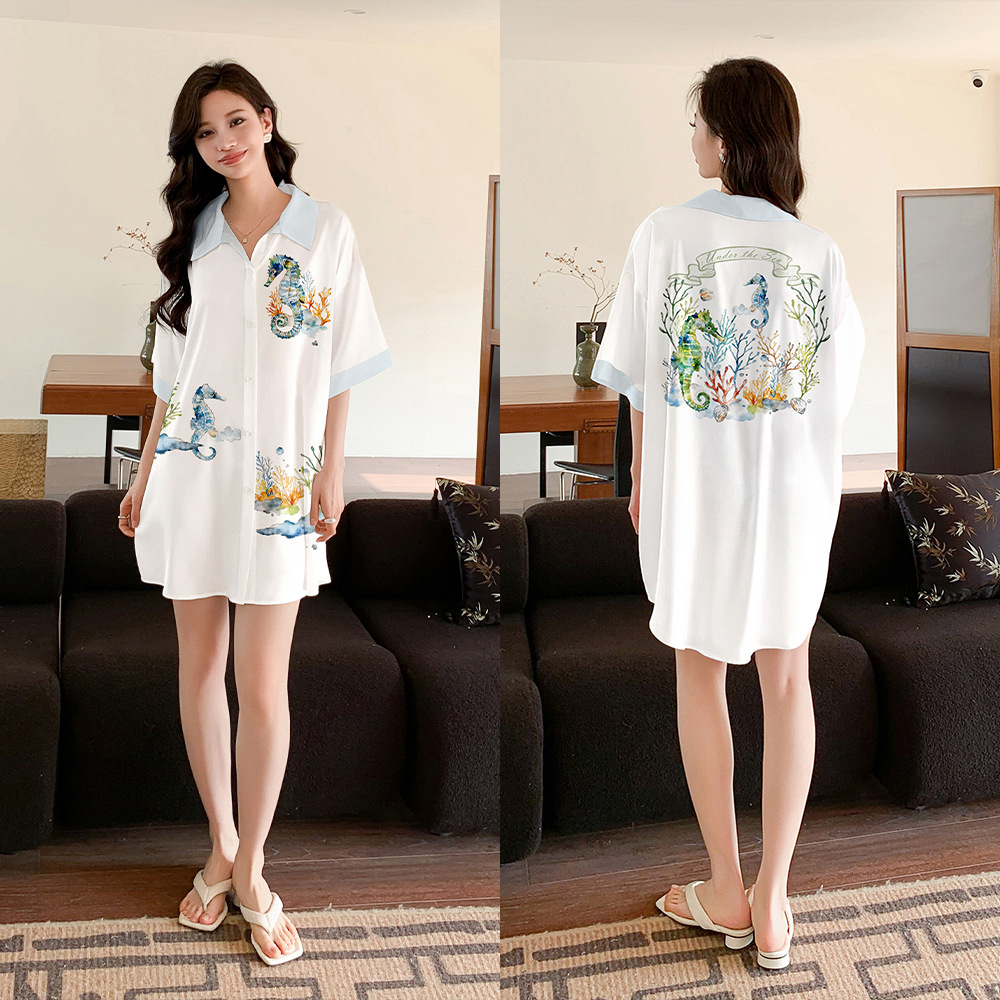 Nuevo pijama de verano de mujer satin chiffon cardigan cuello suelto cómodo lindo viento ropa de casa SQ21348