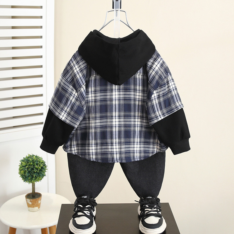 5989 Chaqueta de camisa con capucha de otoño para niños 2024 Nueva camisa a cuadros de manga larga de primavera y otoño para niños