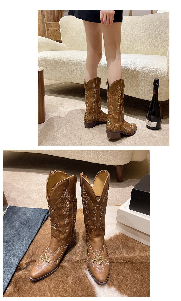 Bottes de cowboy western rétro cloutées Nouvelles bottes de chevalier brodées en V à talon épais pour femmes avec bottes mi-mollet pointues_voghion.com