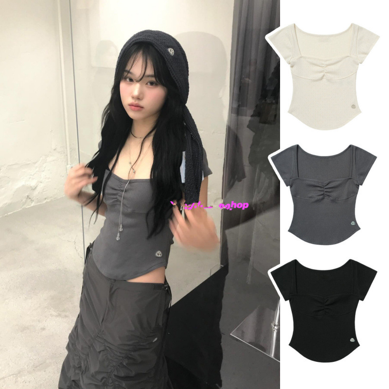 Pure Desire 로우 넥 가슴 주름 슬리밍 반팔 티셔츠 여성용 2025 여름 새 스타일 Pure Desire 스타일 탑 여성용